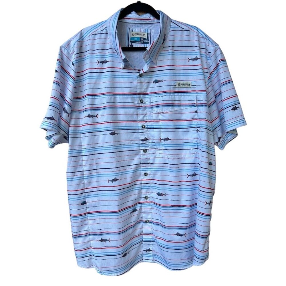 Magellan Outdoors Classic Fit Fish Gear Shirt 2XL Moisture-Wicking Striped Short